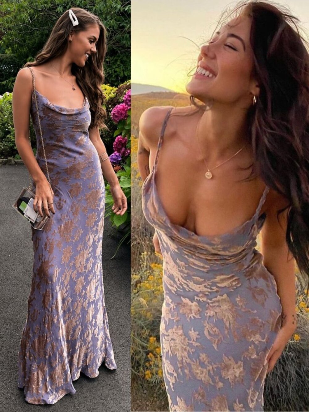 Rat & Boa Athena Dress Purple Silk Devore Cowl Neck Floral Slip Maxi NWT Size XL